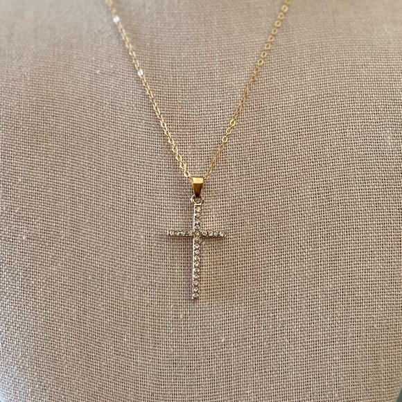 Gold & Clear Rhinestone 1.5” Cross 16" Necklace Christian Faith Religious Gift - Picture 2 of 5
